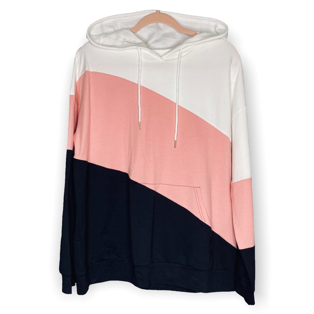 NWOT Casual XL Tri-color Panel Long Sleeve Sweatshirt Hoodie Pocket Women’s